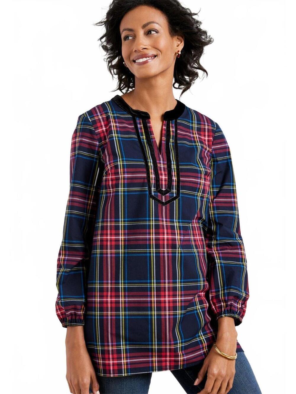 Talbots EUC Women's Split Neck Tunic in Cabin Plaid Velvet Trim Size 3X